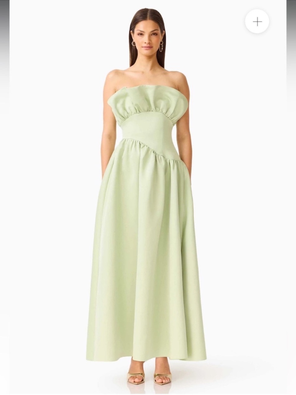 elliatt laurel green satin ruffle bust boned strapless maxi gown dress small NEW